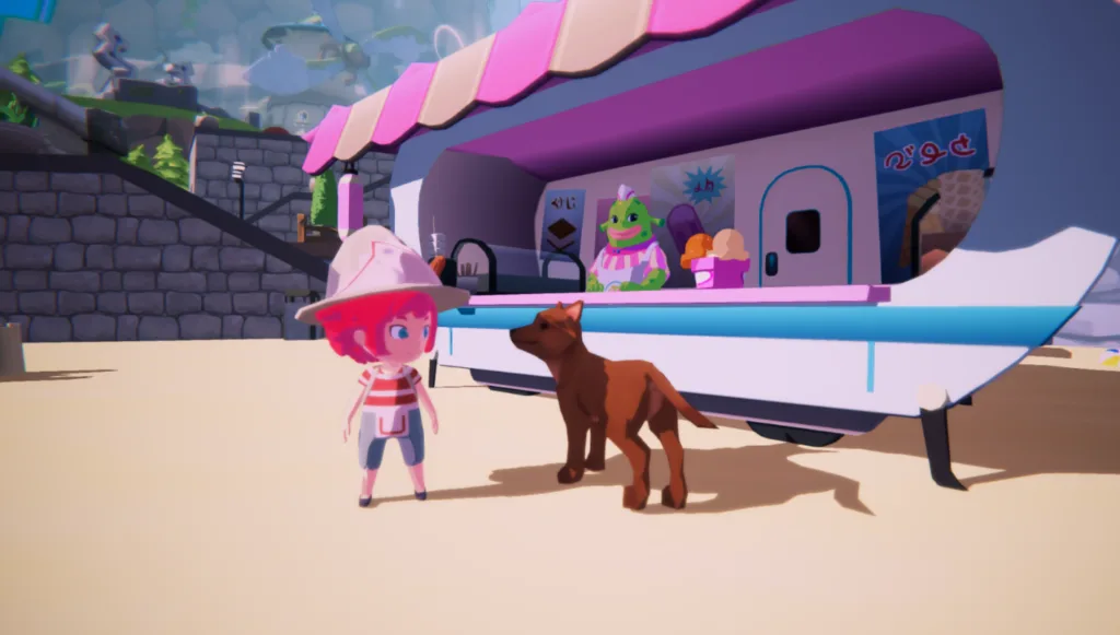 Screenshot from Mika and the Witch's Mountain where Mika, the witch apprentice, is looking at a dog in front of the chiringuito at the beach.