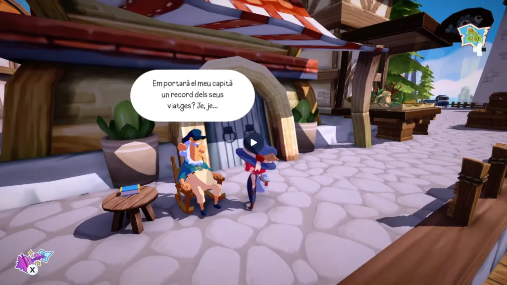 Screenshot from Mika and the Witch's Mountain gameplay, where Mikia and O'Vel are talking to show the Valencian language just added to the game.